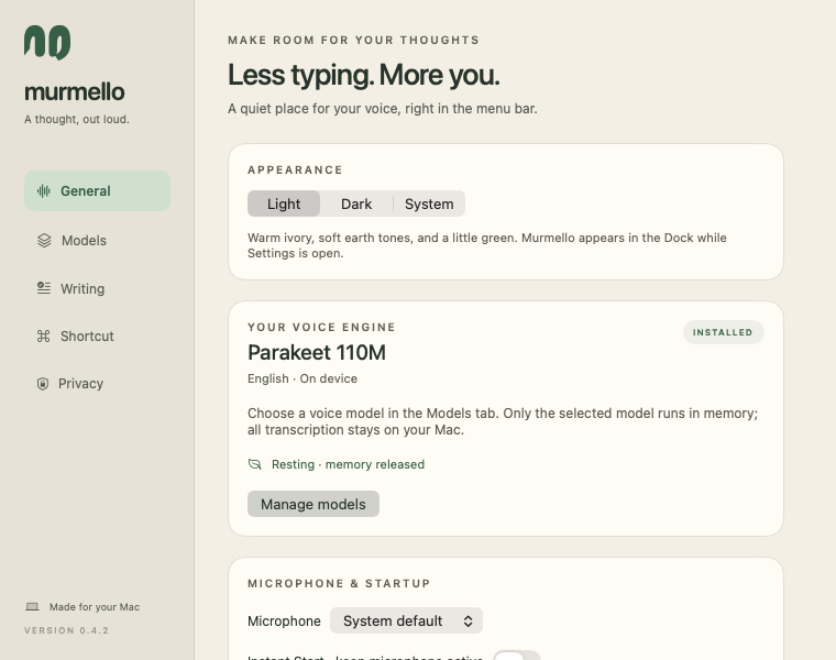 Murmello General settings in light mode, with appearance, shortcut, and startup controls